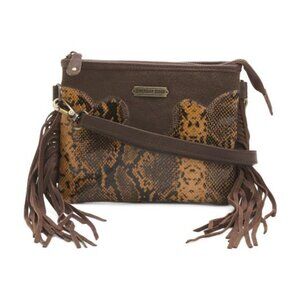 AMERICAN BISON Leather Fringe Slim Crossbody With Snake Print Embellishment